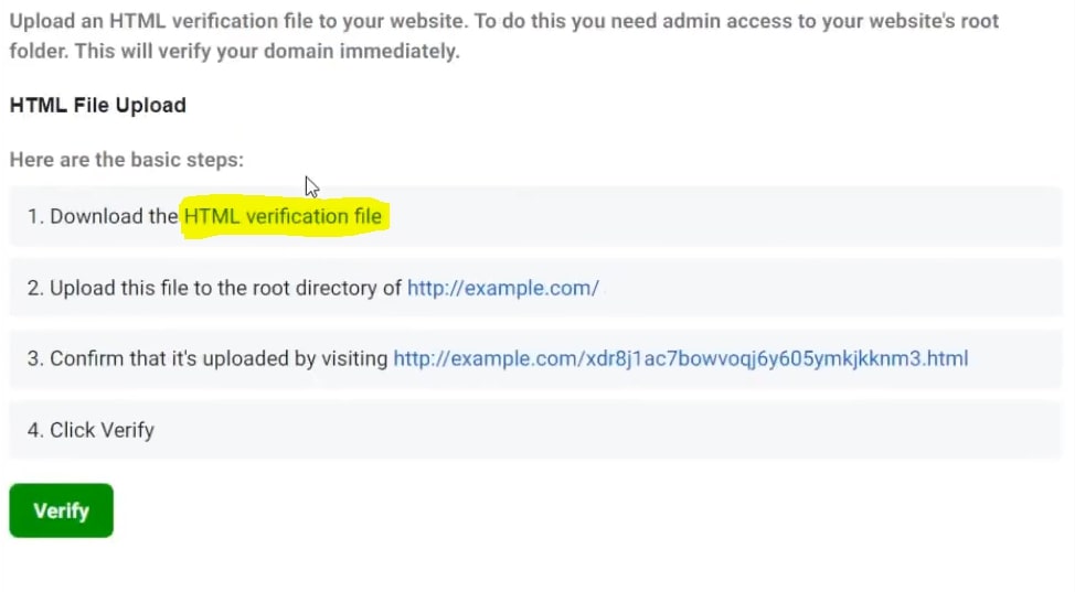 Verify the domain by downloading the HTML file