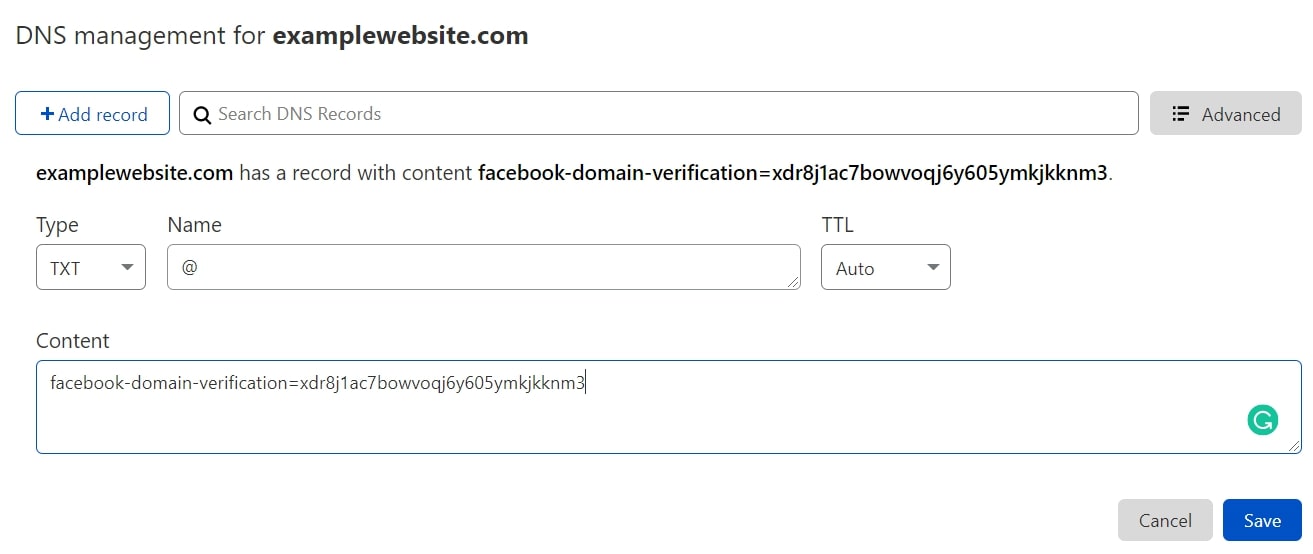 adding Facebook txt record in cloudflare