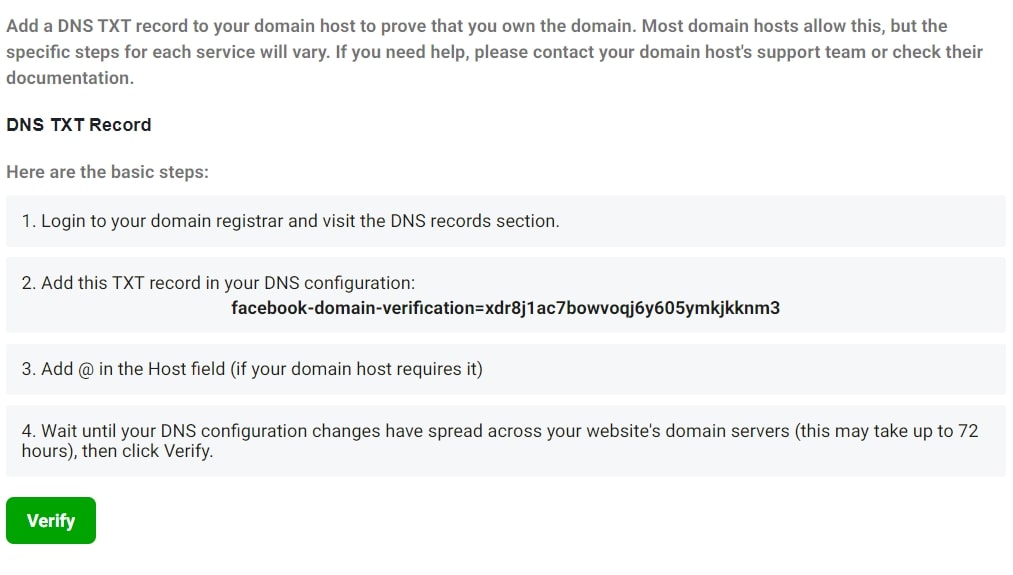 Using DNS to verify your domain on Facebook