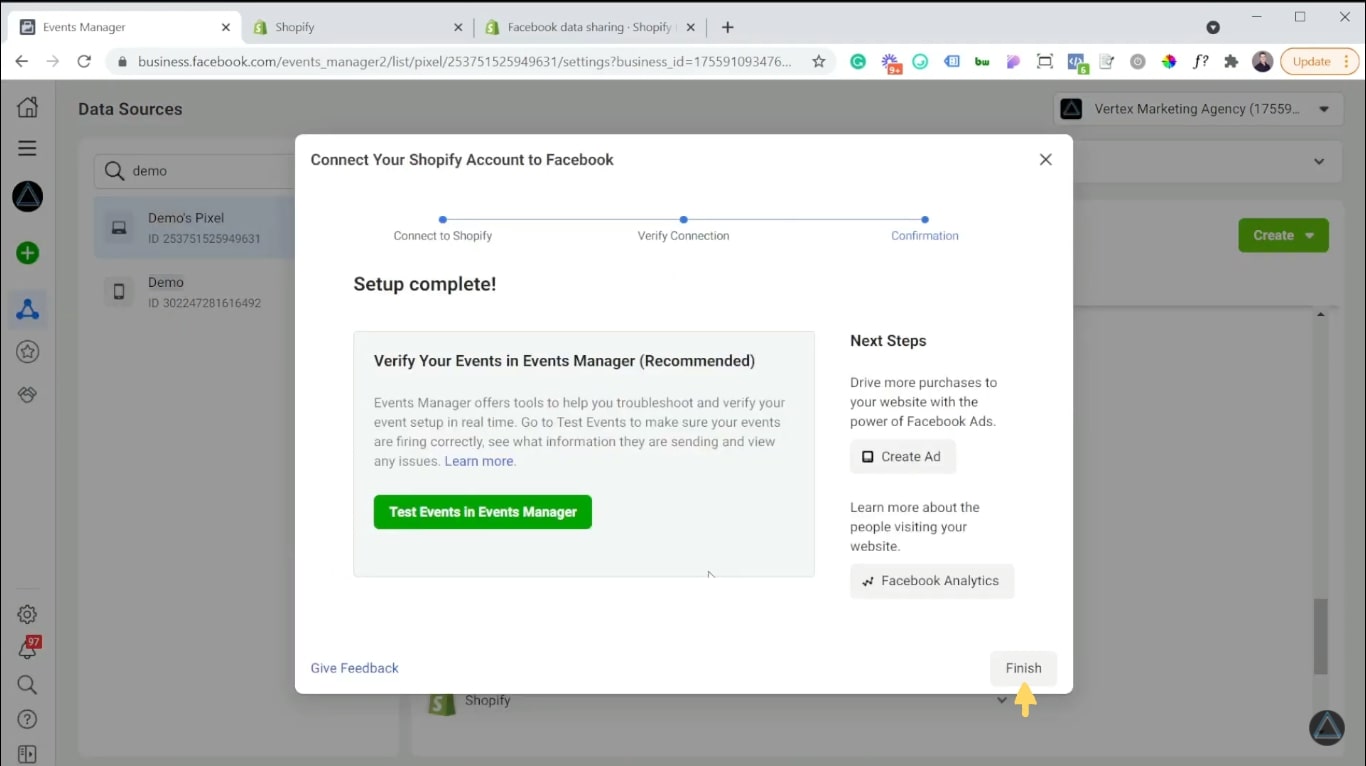 Completing the connection of Shopify account to Facebook