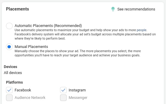 When you chose a manual placement for Facebook Ads, you have 4 platforms you can run your ad on