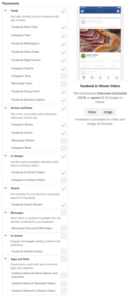 This image shows the placements you can chose from for your Facebook ad. There are a lot more than for Boost Posts