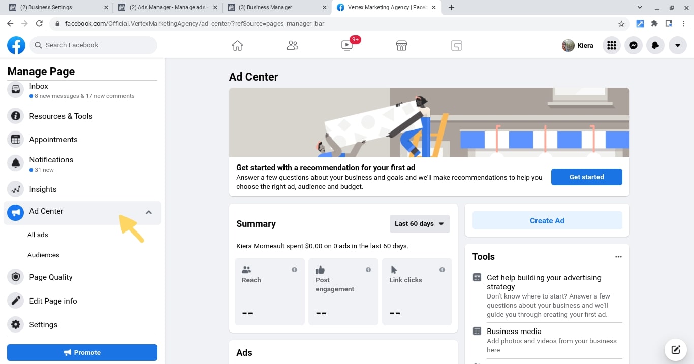 This image shows the ad center, a less in depth version of Ads Manager