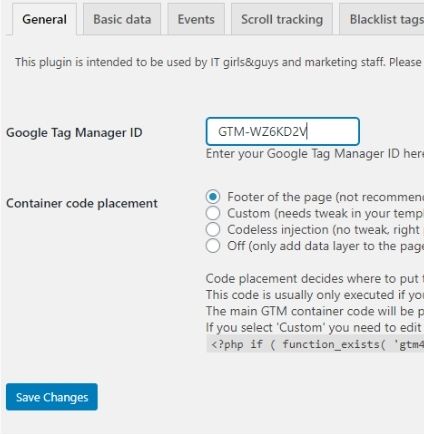Pasting a Google Tag Manager ID in the plugin