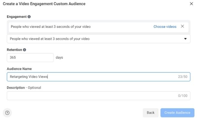 Retargeting video engagement in Ads manager