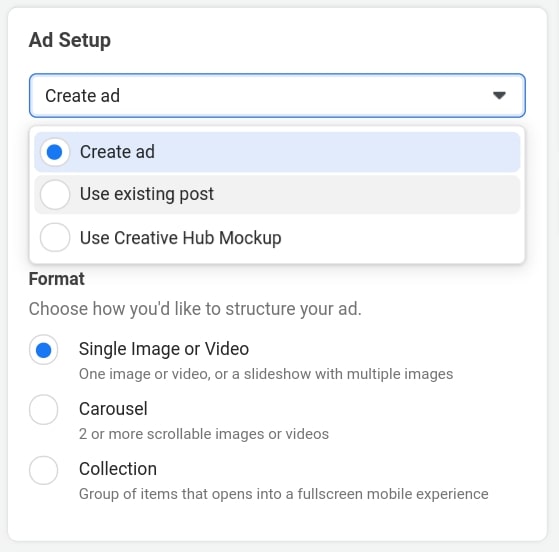 Create an ad using an existing post by using the drop down in "Ad setup"
