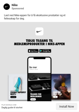 Nike Example of a call-to-action button on their Facebook Ad being "install now"