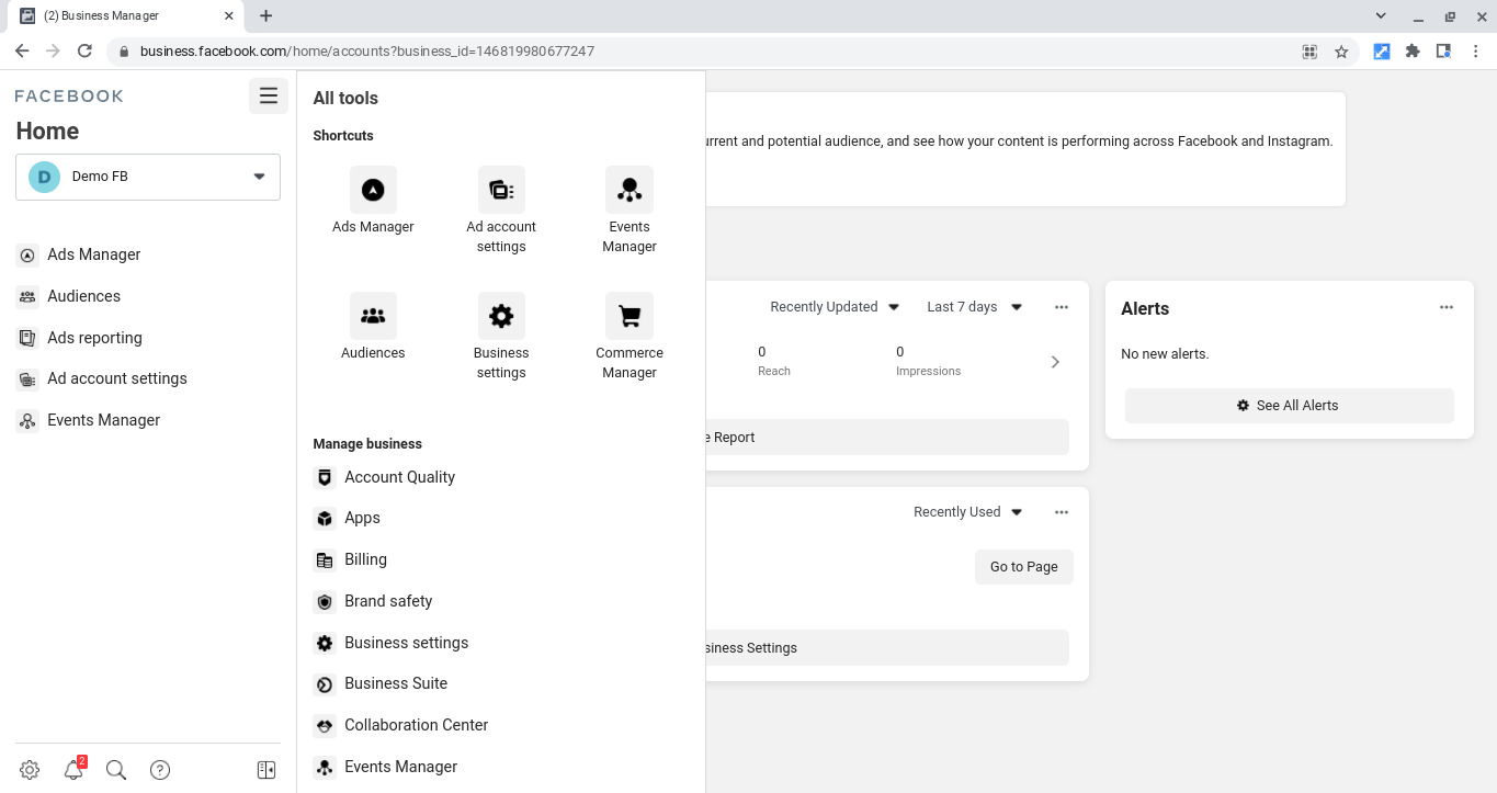 You can access your Facebook Business Manager tools (including the ads manager) in the Tools menu