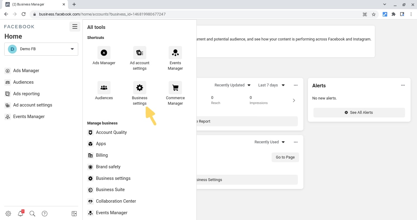 Navigate to the Business Manager Settings by clicking on the hamburger menu in the top left of Facebook Business Manager and clicking on Business settings.